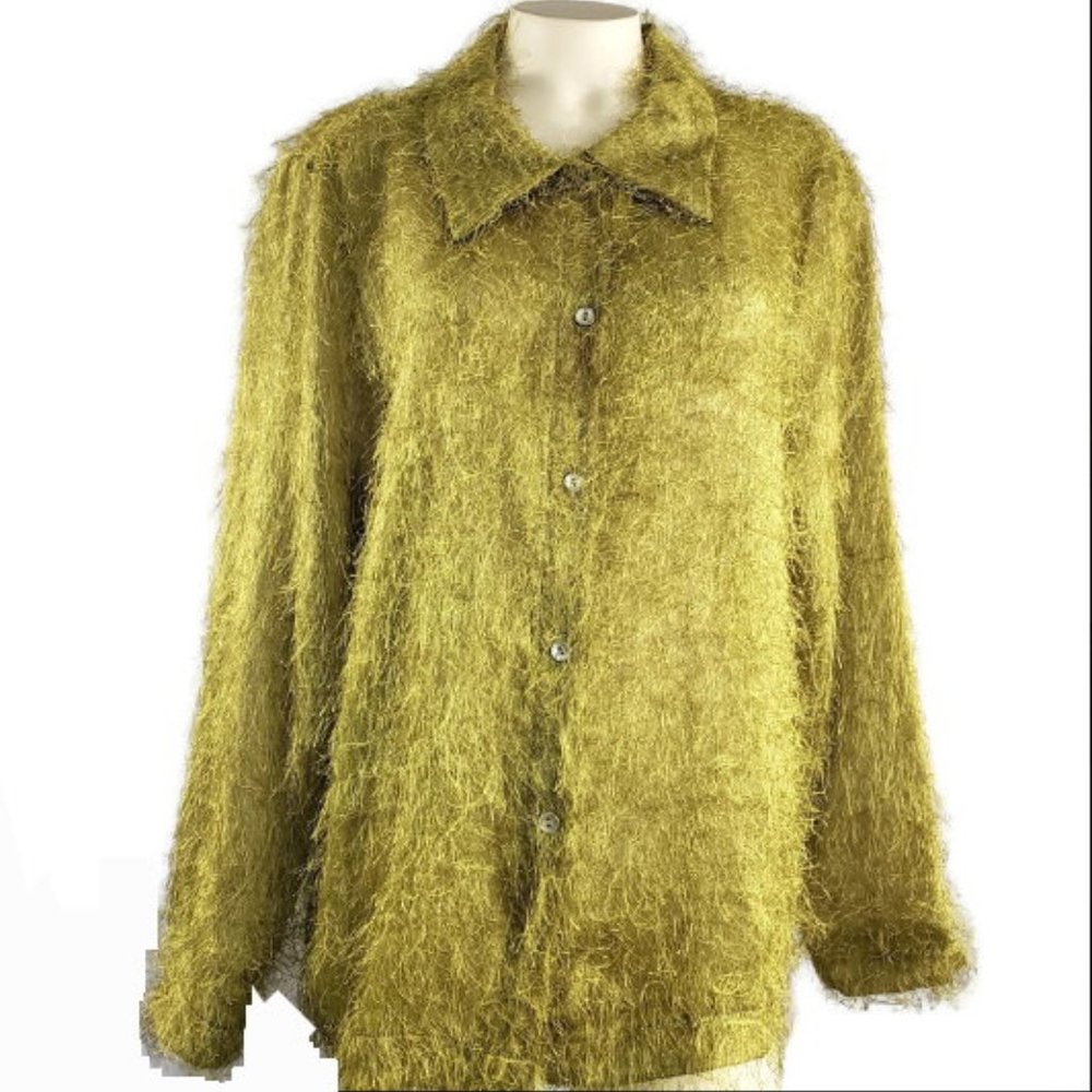 Cactus Flower shiny green fuzzy button down blouse